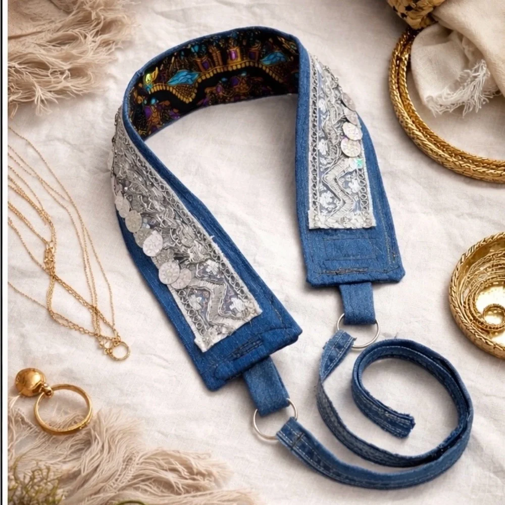 Artisan Boho Denim Coin Belt Handmade Upcycled Festival Waist Belt 33-38 Signed